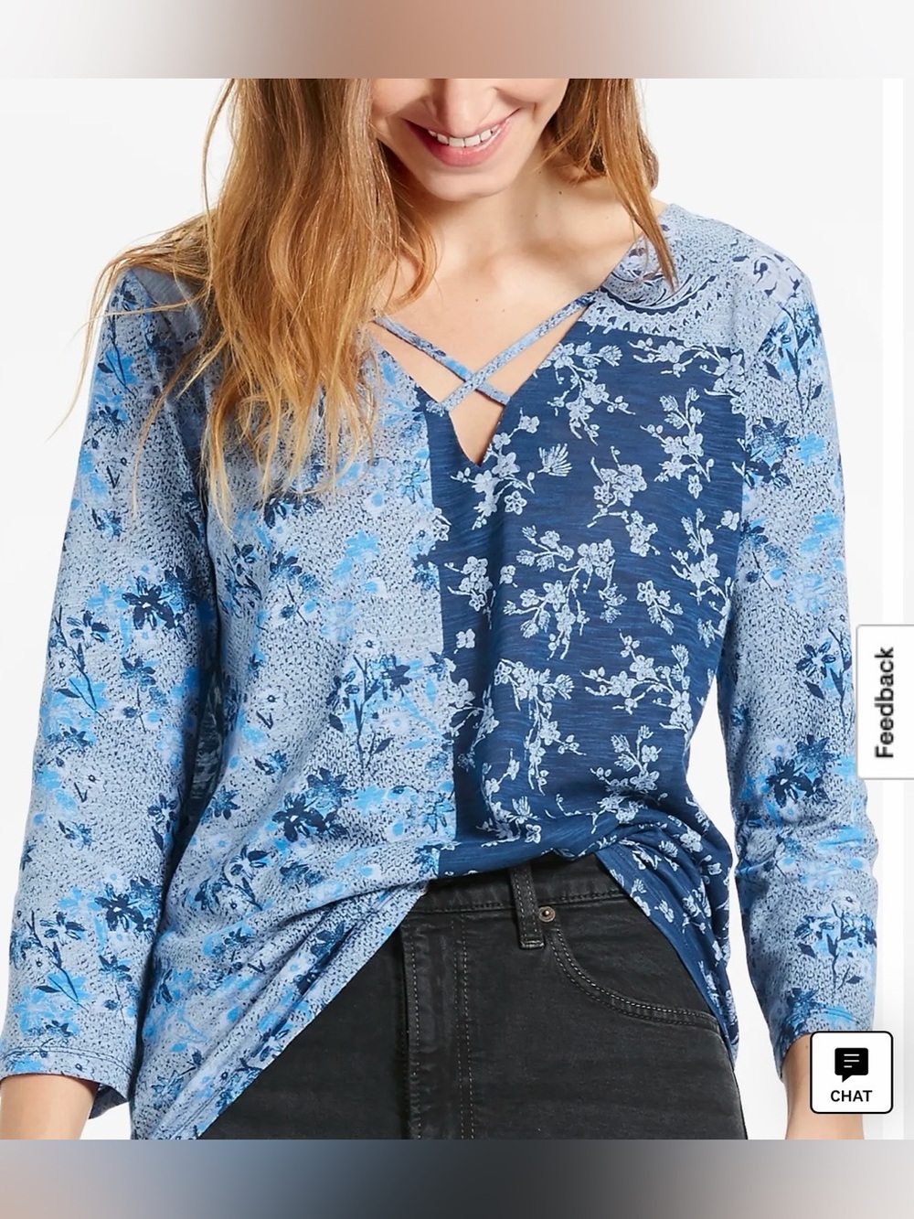 Lucky Brand The Madeline Floral Print Tee Top color-blocked Blue 3/4 Sleeves- 3X